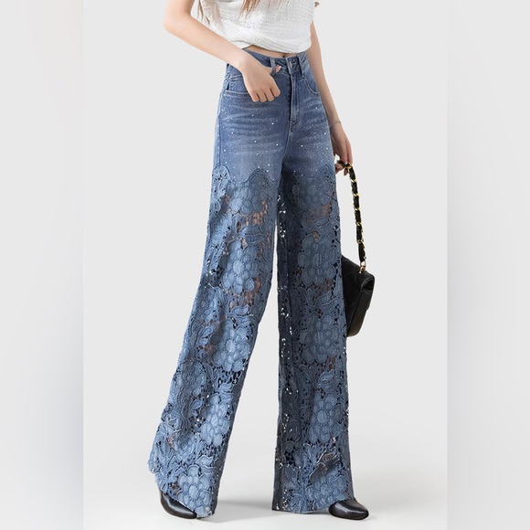 Women's Blue Lace Flare Jeans XS mc3 - Picture 3 of 9